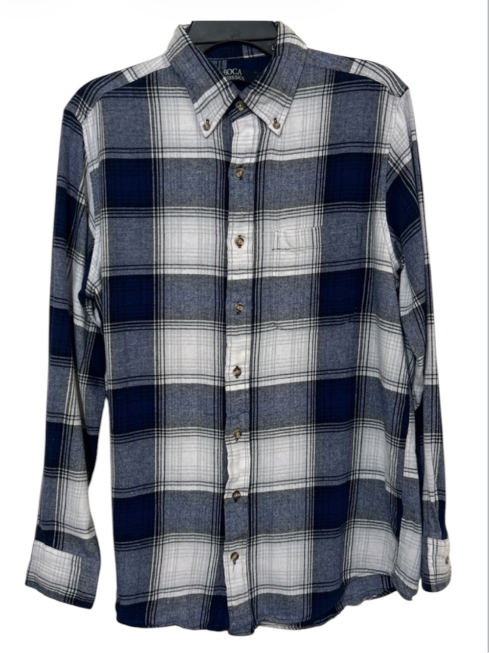 Boca Classics Men’s Medium Plaid Flannel Shirt Long Sleeve Blue White